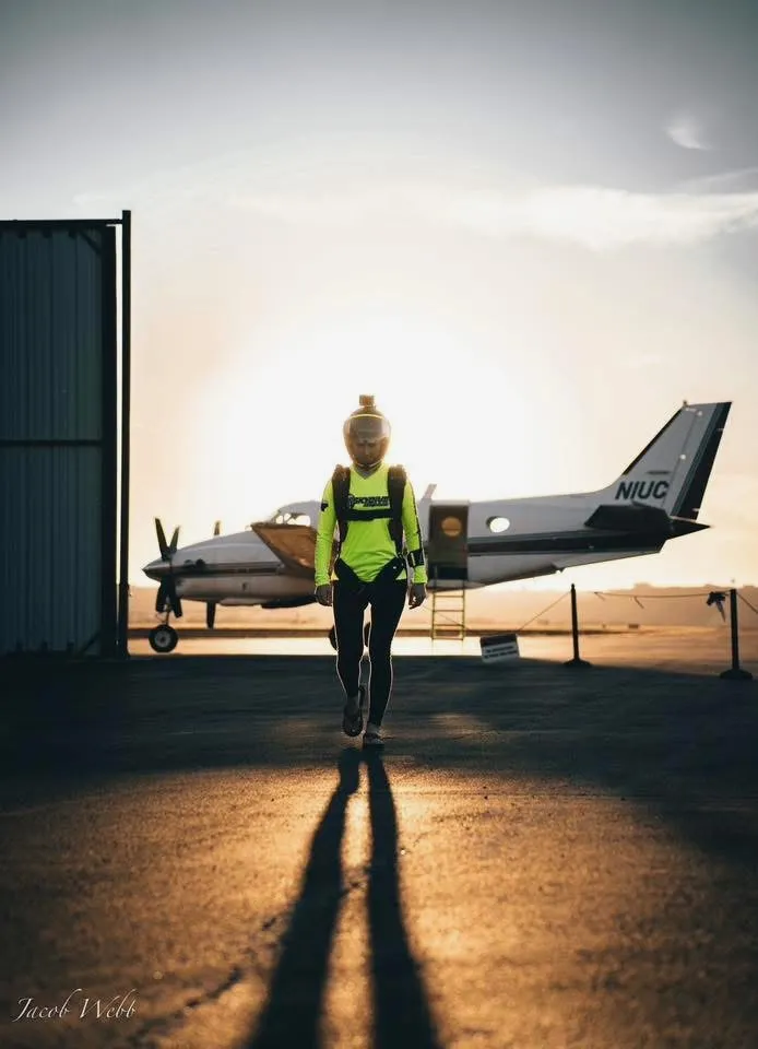 Walking toward the plane at golden hour